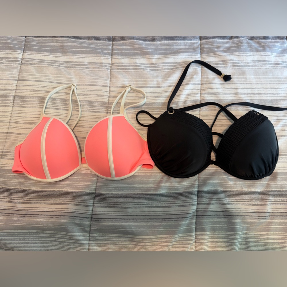Victoria's Secret Neon Coral & Black Push-Up Bikini Tops
